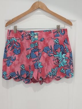 Crown & Ivey SHELBY Scalloped Hem Shorts Red Salmon Blue Print 6 Brushed Cotton